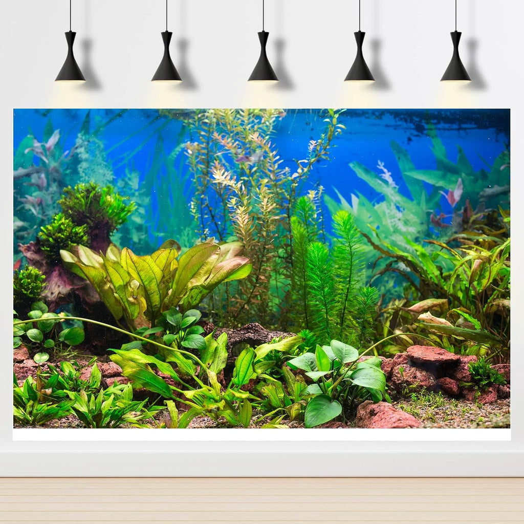 Aquarium Background Various Underwater Grass Plants Aquarium Backdrop Vivid and Fresh Green Aquatic Plants Stone River Bed and Dead Wood Purple Stone Fish Tank Background 60x24in