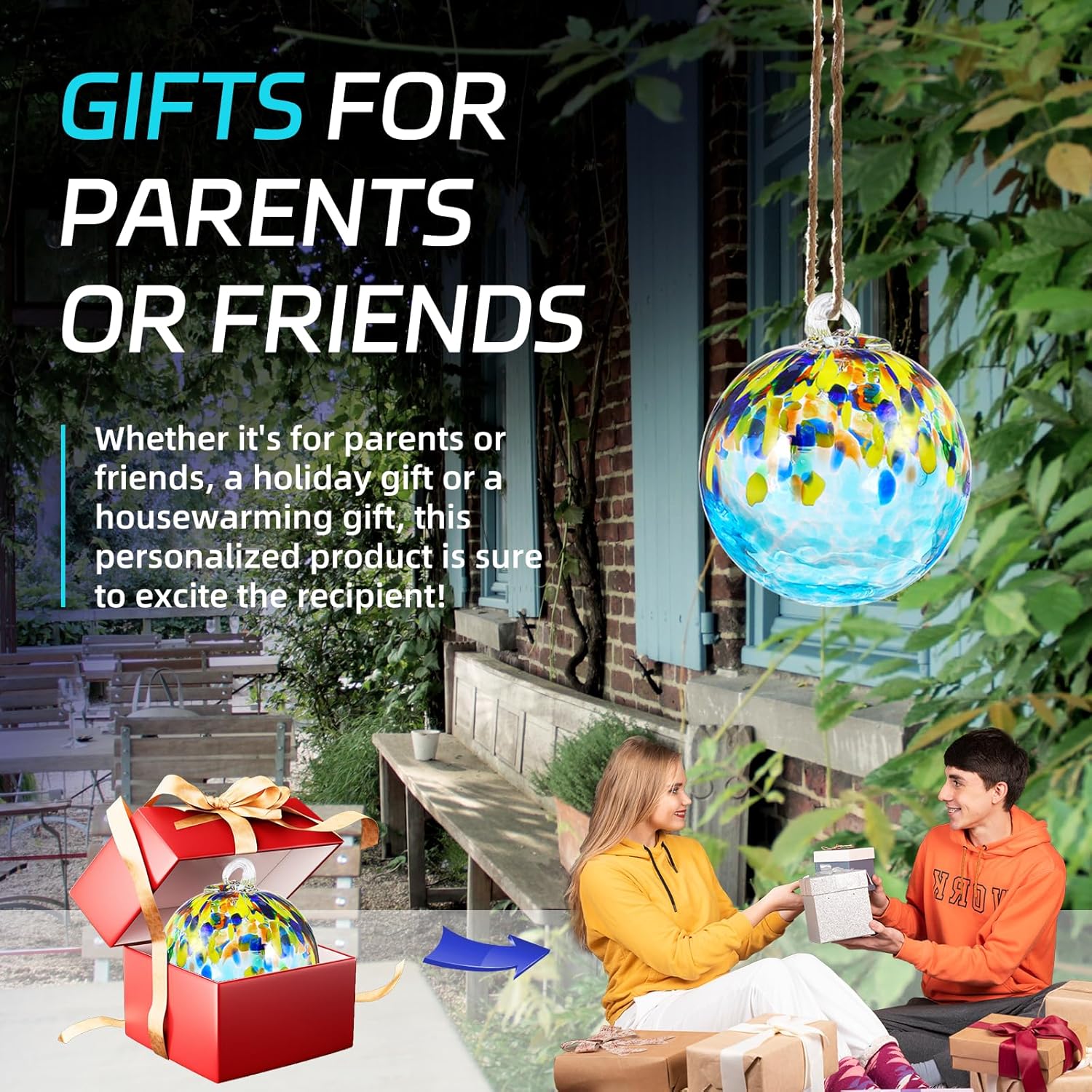 VOREEN 4" Hanging Glass Garden Gazing Ball Hand Blown Glass Witch Ball Christmas Ornament Friendship Balls for Outdoor Garden Patio Window Home Décor, Gift for Mom Wife Friend, Blue Ocean