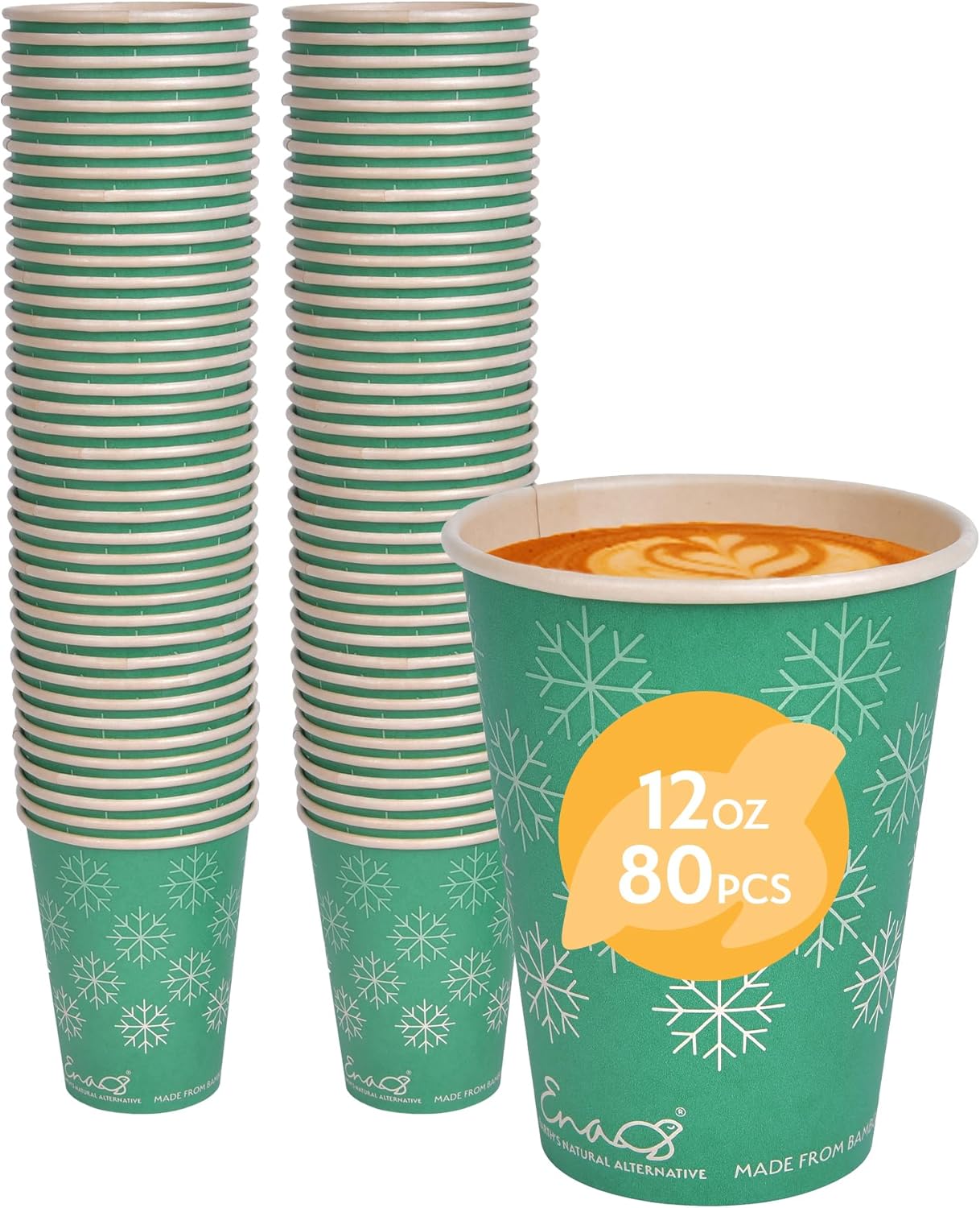 100% Compostable Disposable Coffee Cups [12oz 80 Pack, Winter Green] Paper Cups Made from Unbleached Bamboo Fiber, To Go Coffee Cups by Earth's Natural Alternative