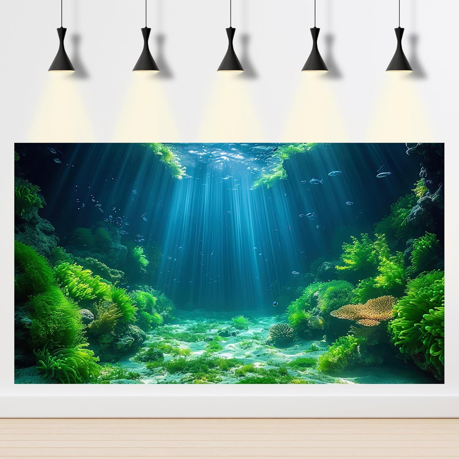 Aquarium Background Aquatic Plants Soft Algae Terrarium Backdrop Underwater World Fish Rock with Moss Sunlight Rays Fish Tank Background Aquarium Wallpaper Poster Decor Vinyl 36x20in