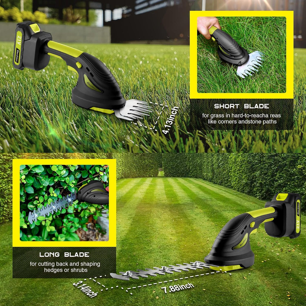 Cordless Hedge Trimmer - 2 Pack 21V Battery with Charger Powered Electric Trimmers, 2 in 1 Handheld Hedge Shears + Grass Cutter Pruning Shrub Cutting Small Branch Tool for Bush,Tree,Garden,Lawn,Yard