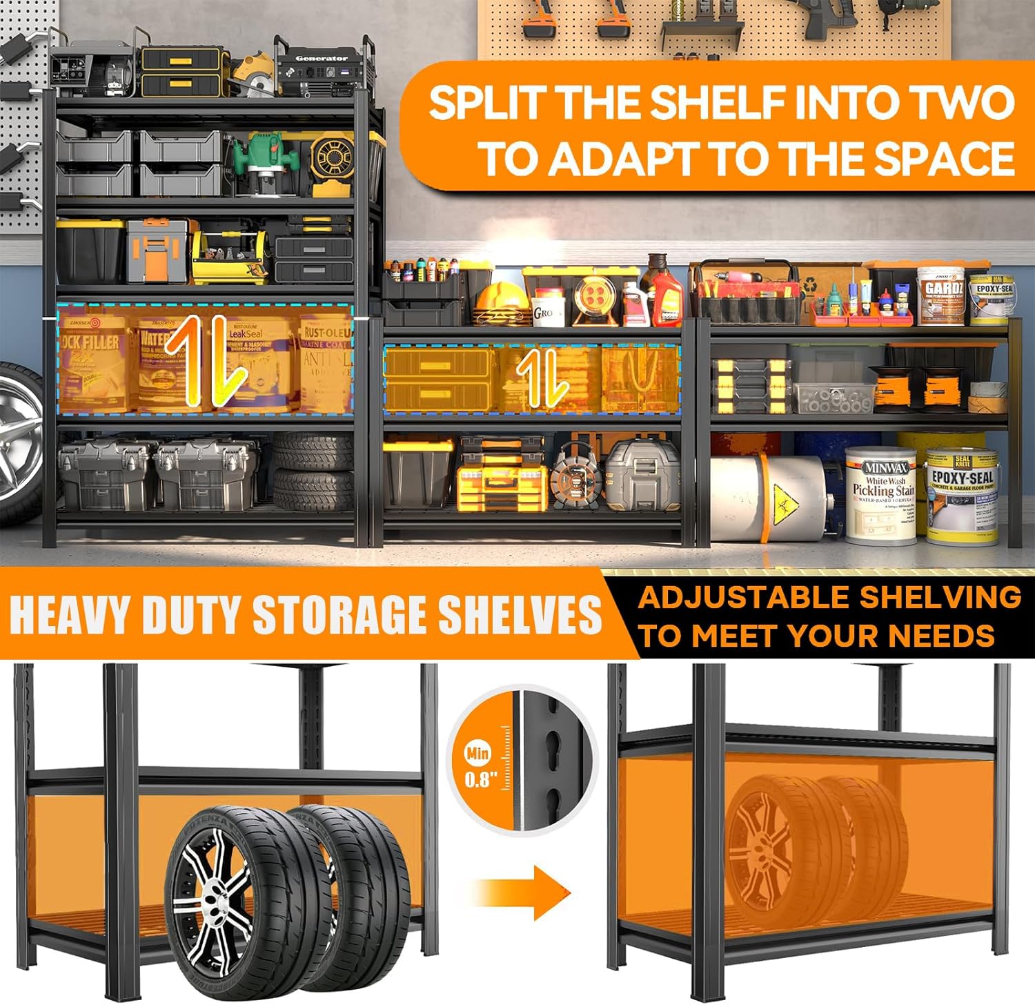 72''H Garage Shelving Heavy Duty Garage Storage Shelves, 3000 LBS Adjustable 5 Tier Industrial Shelving Unit, Metal Utility Shelf for Basement, Warehouse and Workshop (72''Hx46''Wx18''D, Black)