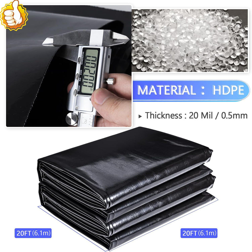 ToLanbbt Pond Liner 20 x 20 Ft HDPE Pond Liners, 20 Mil UV Resistant Preformed Pond Liner Easy Cutting, Pond Liner for Natural Looking Ponds, Waterfall, Koi Pondsand Water Garden (Black)