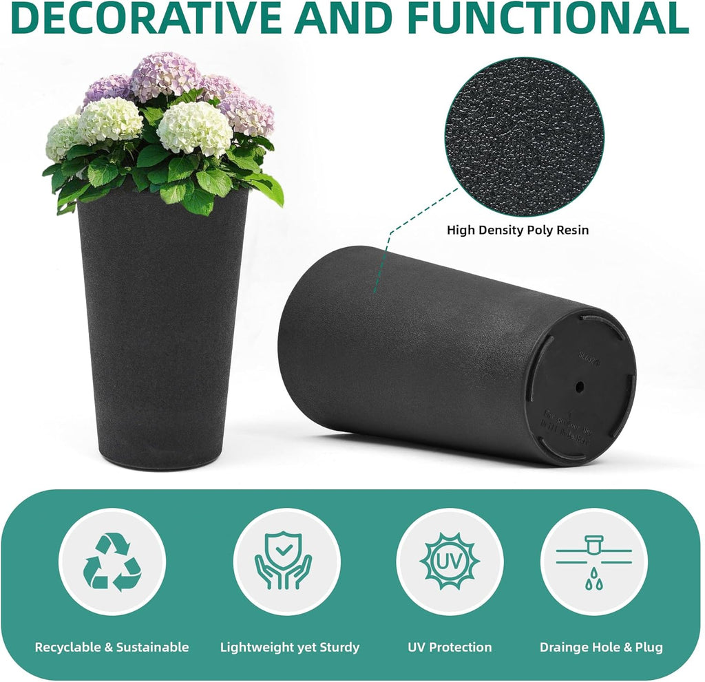 24" Planters for Outdoor/Indoor Plants, Set of 2 Tall Plant Pots, Heavy-Duty Resin Large Vase for Faux Mums Flower, Ideal for Garden, Patio, Yard, Porch or Home Decor, PU Leather-Look Finish