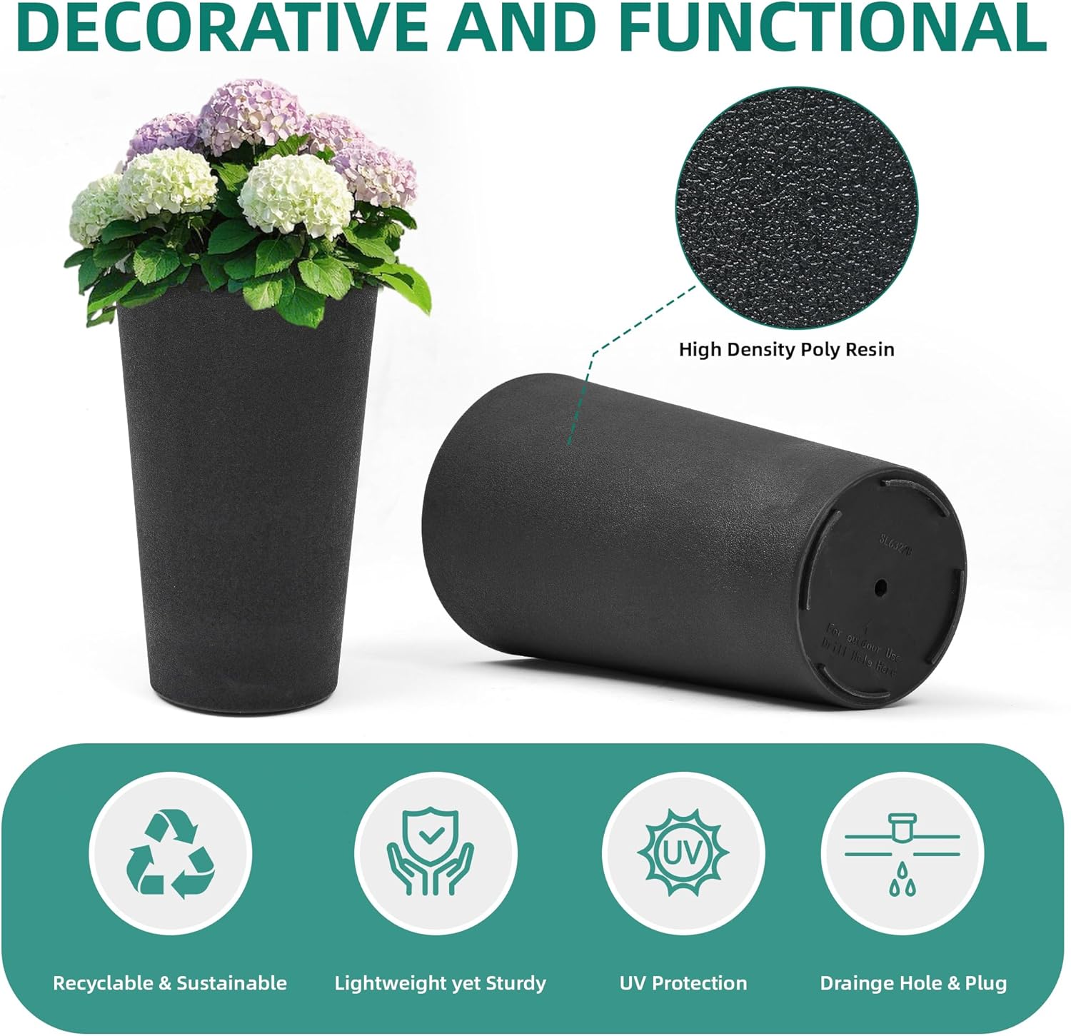 24" Planters for Outdoor/Indoor Plants, Set of 2 Tall Plant Pots, Heavy-Duty Resin Large Vase for Faux Mums Flower, Ideal for Garden, Patio, Yard, Porch or Home Decor, PU Leather-Look Finish