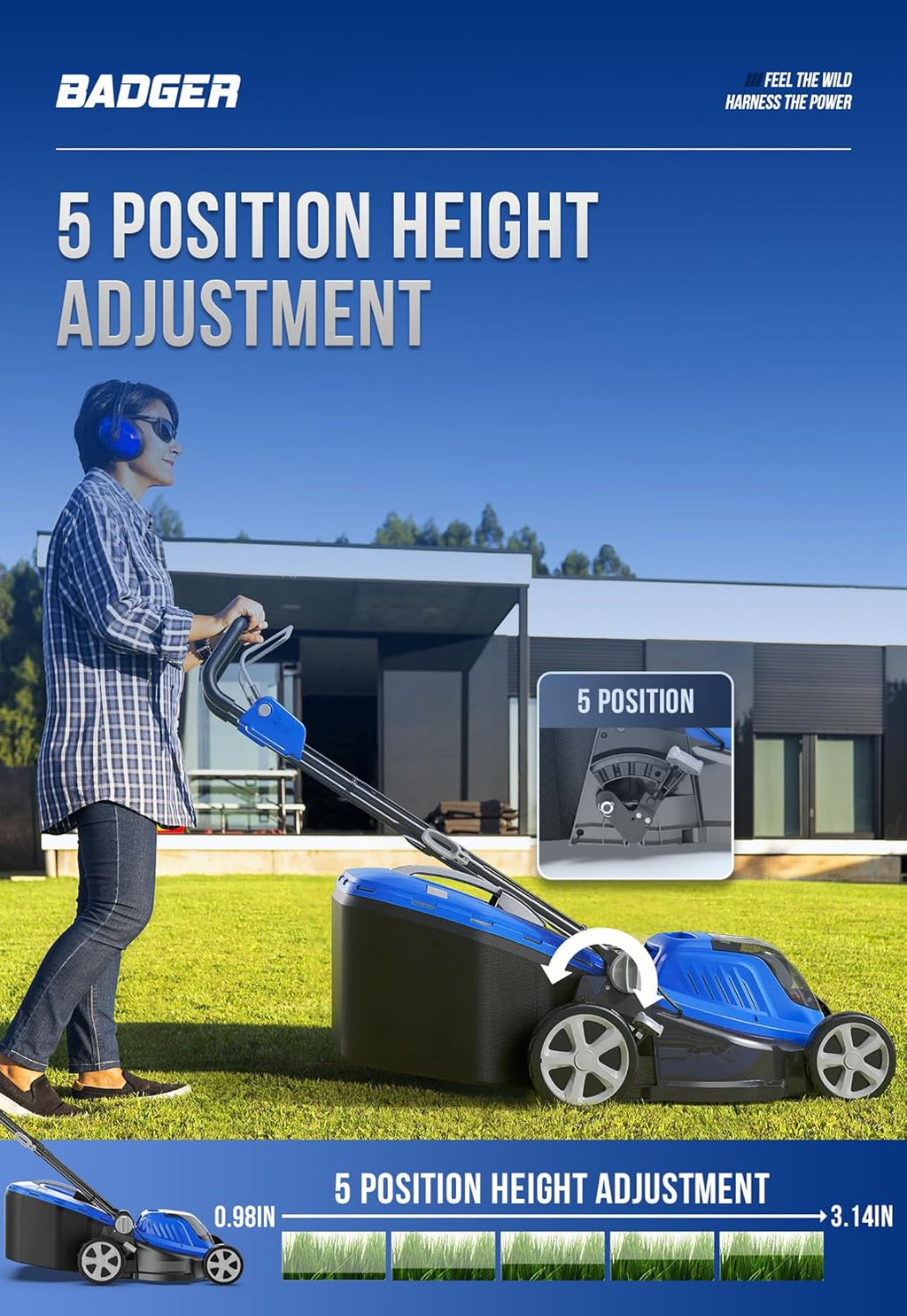 WILD BADGER POWER Lawn Mower 40V Brushless 16" Cordless, 5 Cutting Height Adjustments, Electric Lawn Mower, Quickly Folding Within 5’s, 20V*2 4.0AH Battery and Super Charger Included.