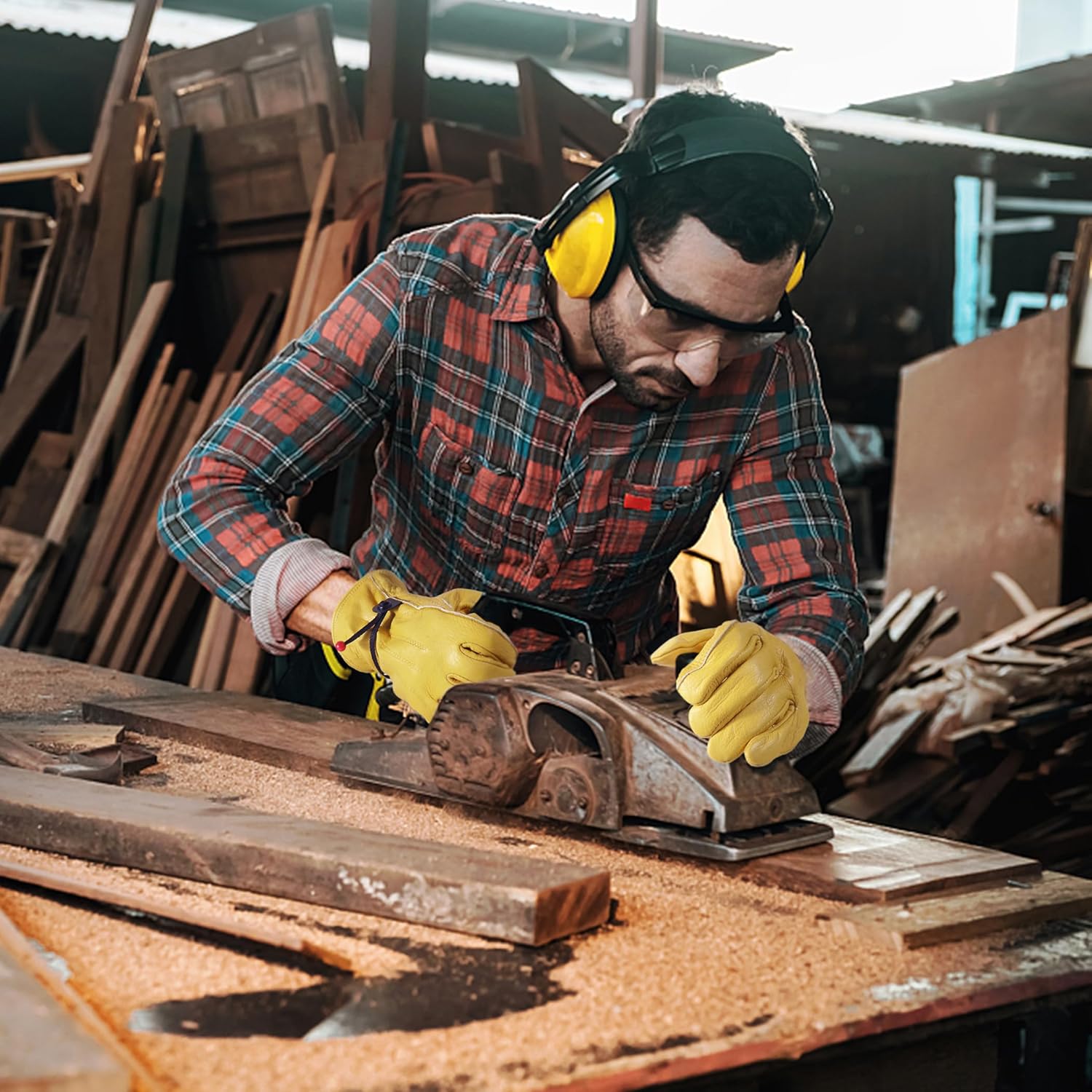 HLDD HANDLANDY Leather Work Gloves for Men & Women, Adjustable Wrist Cowhide Gardening Glove with Reinforced Palm for Driver