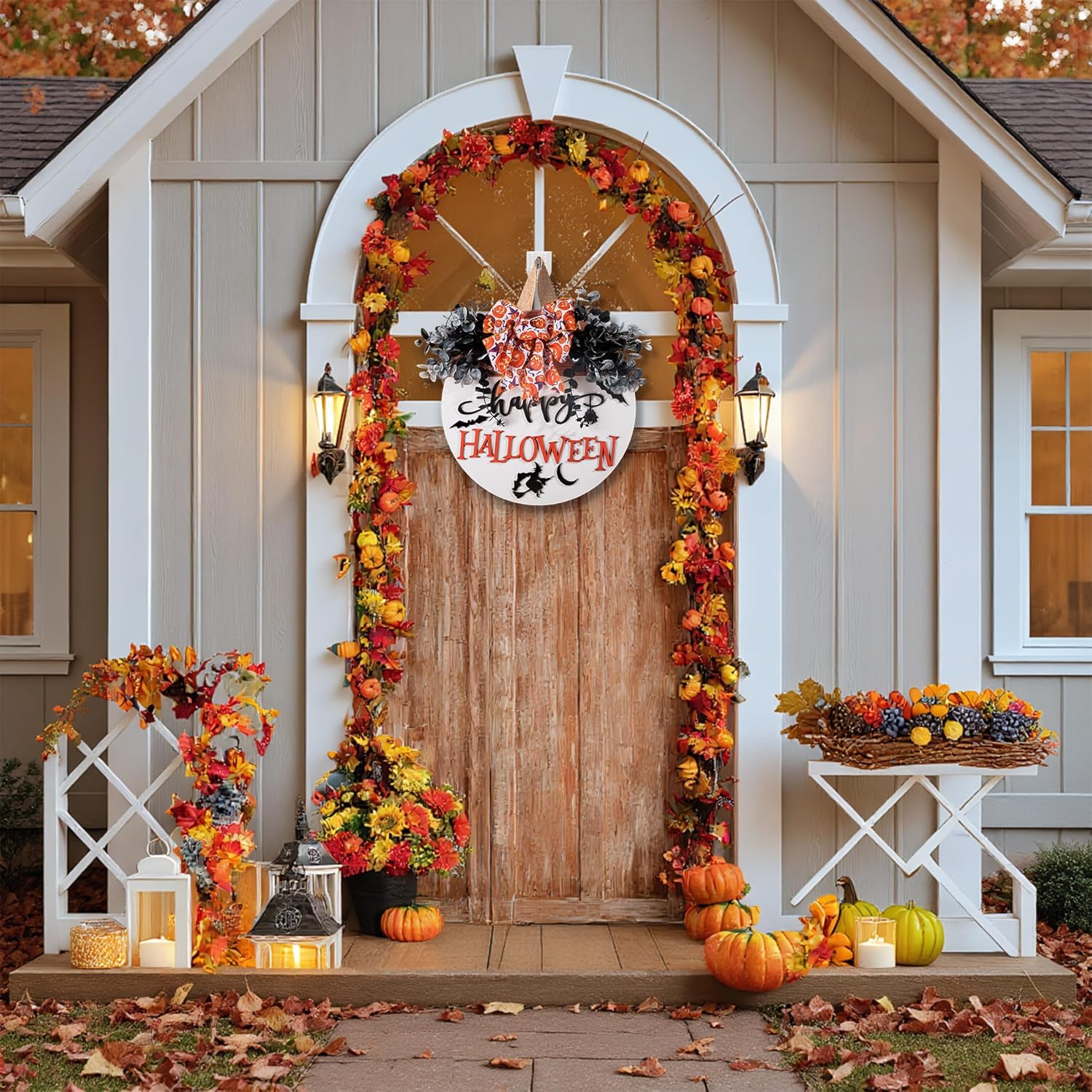 Halloween Door Hanger Sign Wooden Welcome Decor with Bat - Fall Wreaths for Front Door Hanging Decorations for Happy Halloween Party Indoor Outdoor Wall Decor Supply