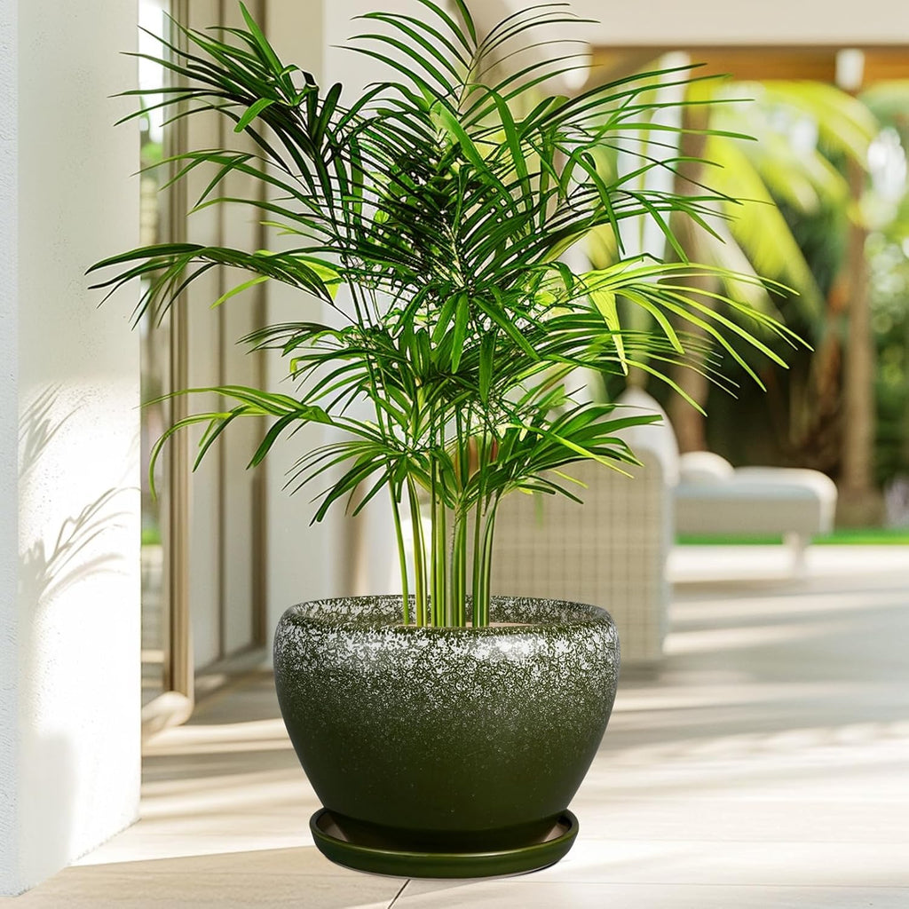 10 Inch Planter Pot - Ceramic Pots for Plants with Drainage Hole and Saucer, Round Large Flower Pot for Indoor Plants, Dark Green