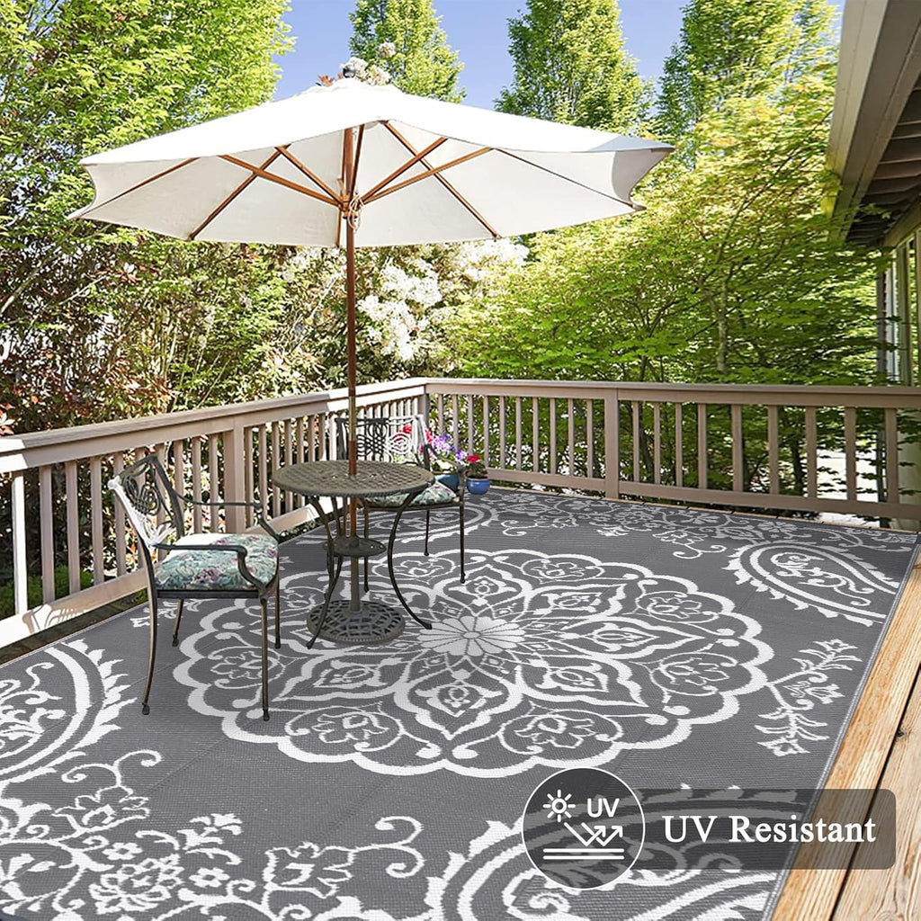 Pauwer Waterproof Outdoor Rug 9x12, Reversible Plastic Straw Patio Camping Rug, Indoor Outdoor RV Mat Carpet for Deck, Camper, Porch, Balcony, Backyard, Picnic, Boho Grey