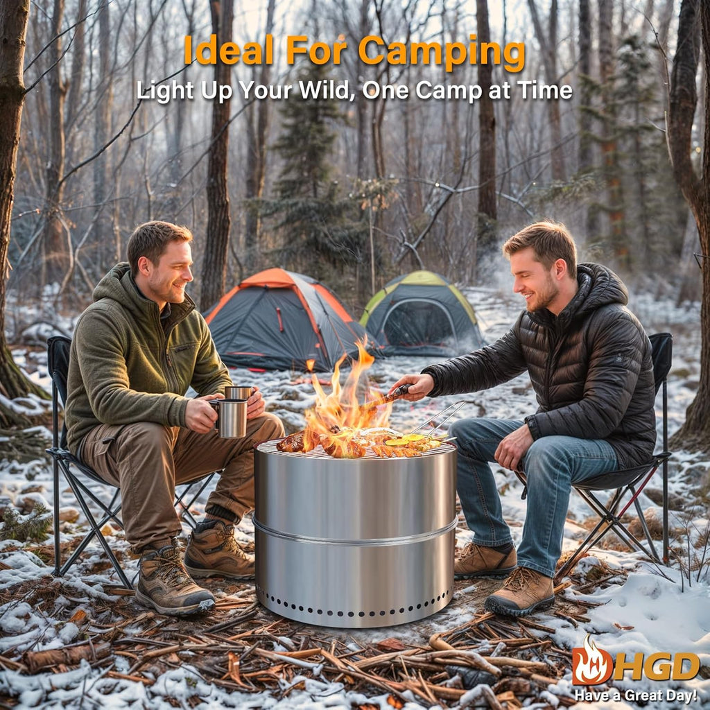 HGD 19.8 Inch Smokeless Firepit with Grill, Portable Wood Burning Fire Pit for Camping & Backyard, Stainless Steel Outdoor Fireplace with Travel Bag, Easy Setup & Compact Storage - Foldable Design