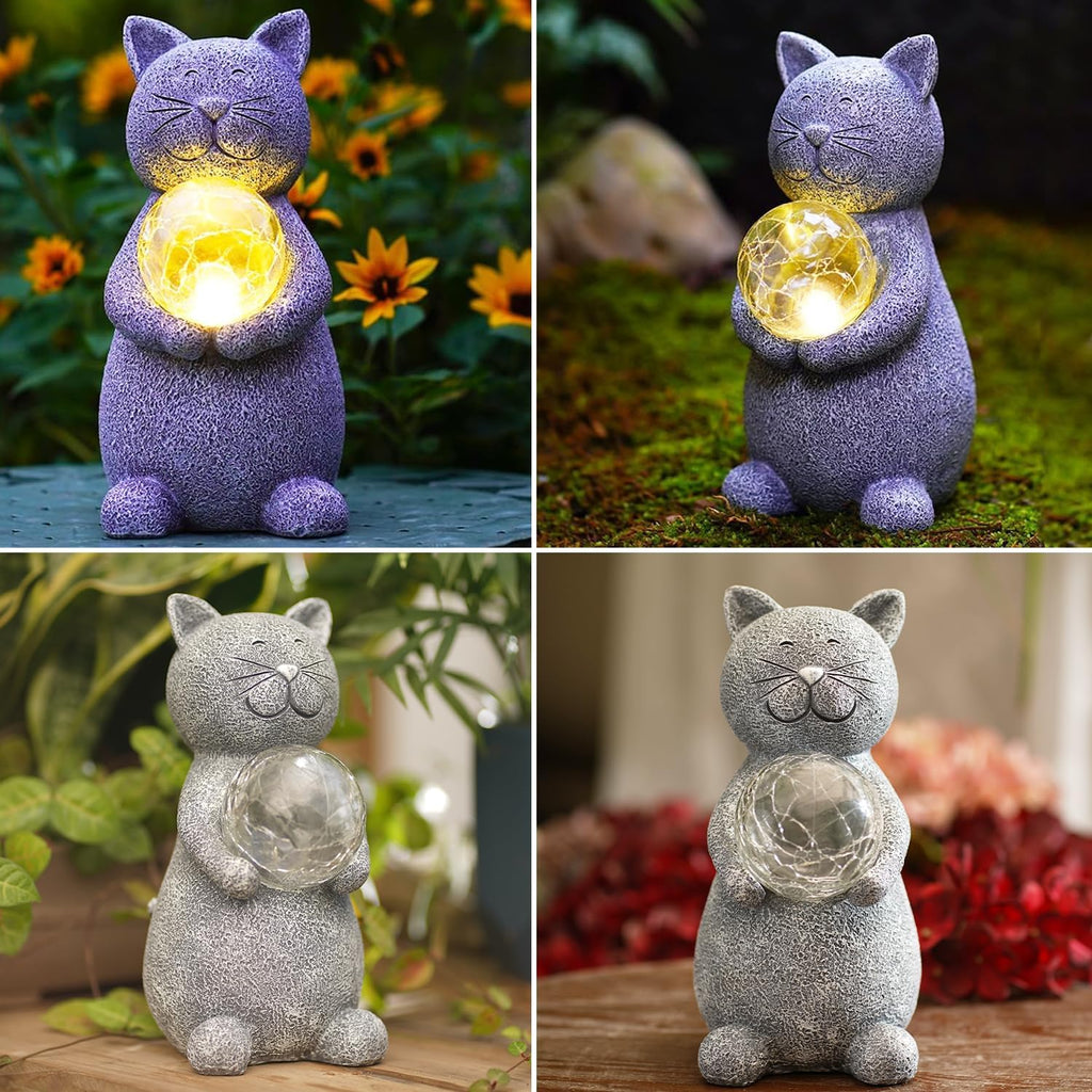 Solar Cat Statue Garden Decor - Cat Lover Gifts, with Gazing Solar LED Lights Ball Cats Decoration for Garden Yard Patio Lawn Balcony - Gifts for Mom Grandma (Gray)