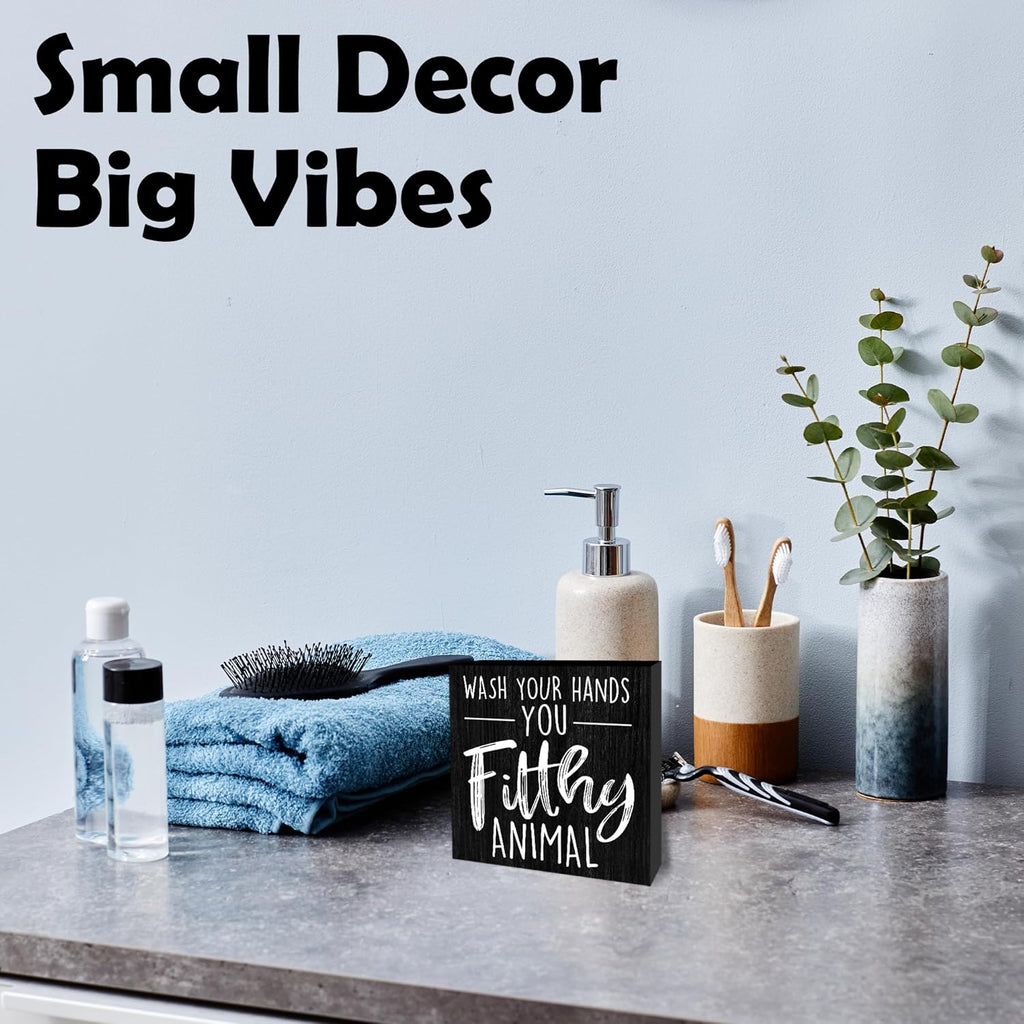 Wash Your Hands You Filthy Animal Wooden Block Sign - 5" Funny Wooden Plaque Tabletop Decor - Rustic Farmhouse Wood Sign Gifts For Friends Family Coworker - Bathroom Toilets Desk Decor & Supplies -B08