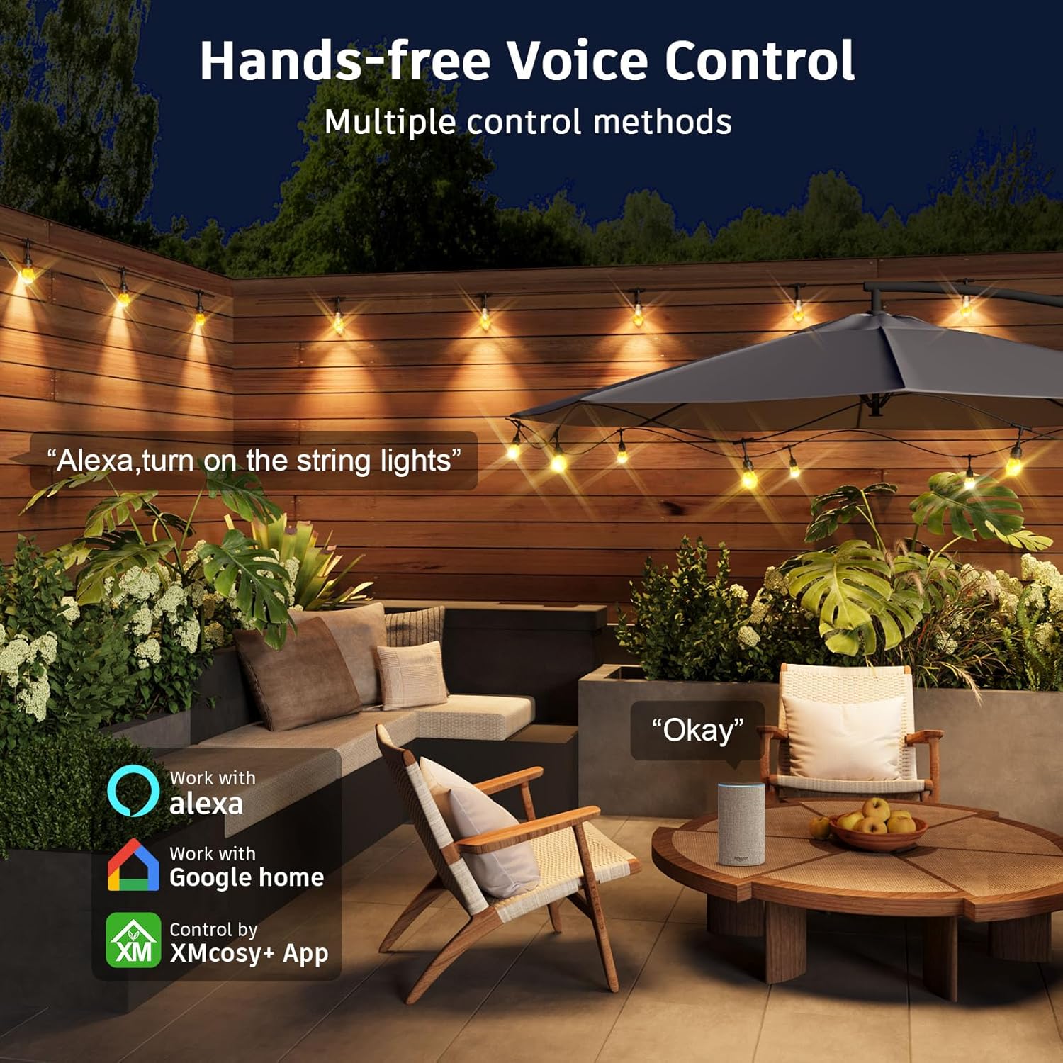 XMCOSY+ Smart Outdoor String Lights - 64ft RGBCWIC Patio Lights with 24 Color Changing Bulbs, LED String Light for Outside Backyard Bistro Party, APP WiFi Control, Work with Alexa, IP65 Waterproof