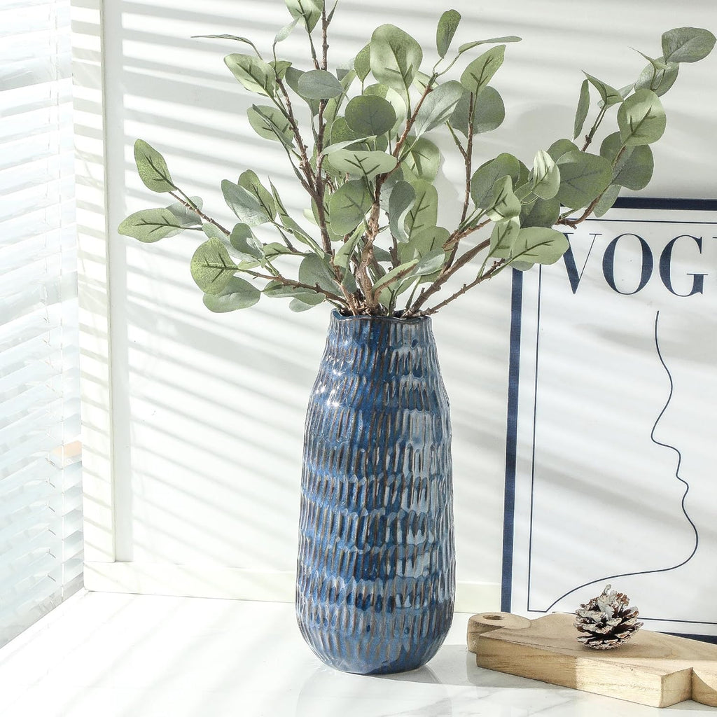 Blue Ceramic Vase for Home Decor, 12.6 Inch Tall Flower Vase with Modern Textured Finish,Decorative Floor Vase for Pampas Grass, Entryway, Living Room, Dining Table, Farmhouse or Office