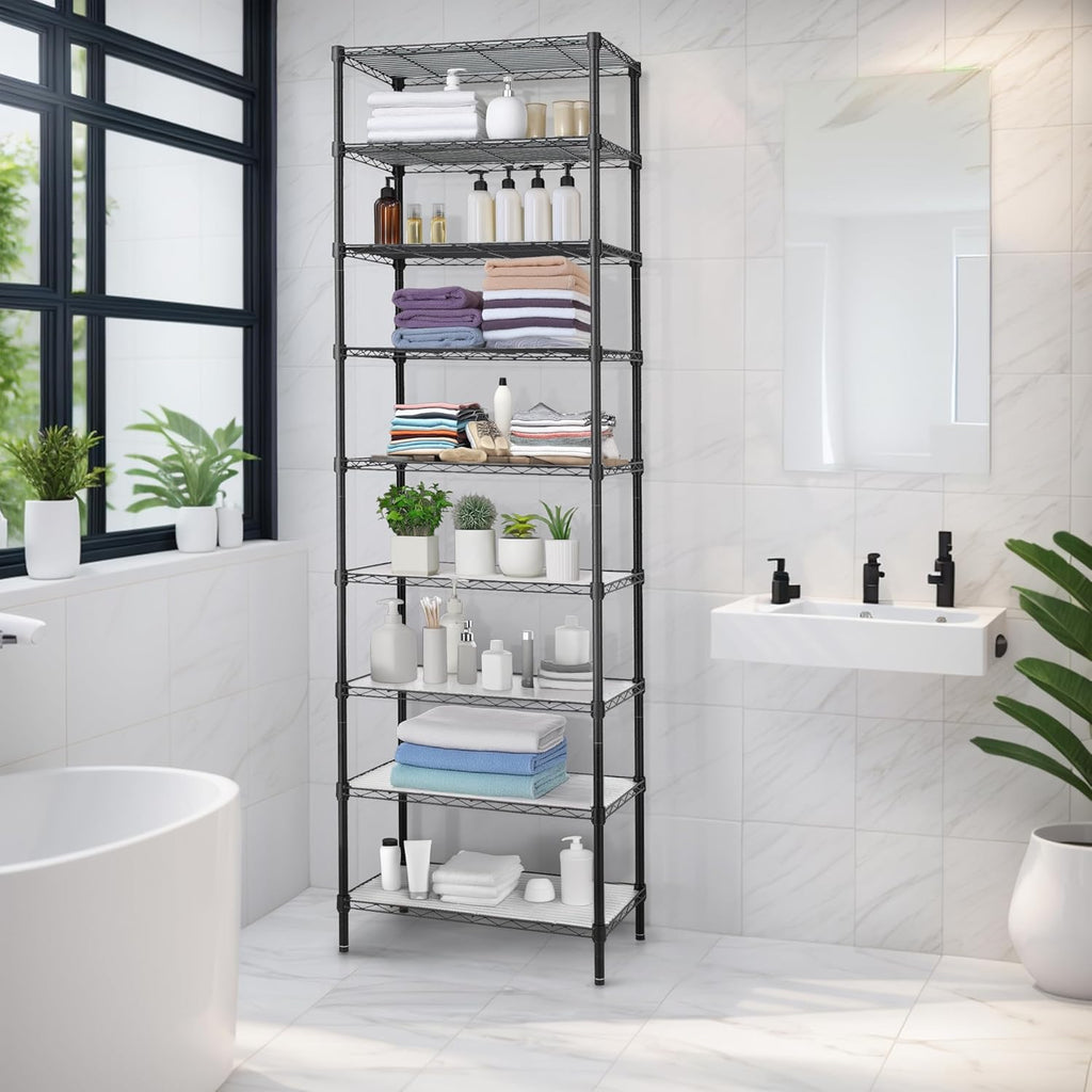 Finnhomy 9-Tier Wire Shelving Unit Adjustable Steel Wire Rack Shelving, 81 Inches Height 9 Shelves Metal Storage Rack, Pantry Shelves for Storage with PE mat, NSF Certified, Black