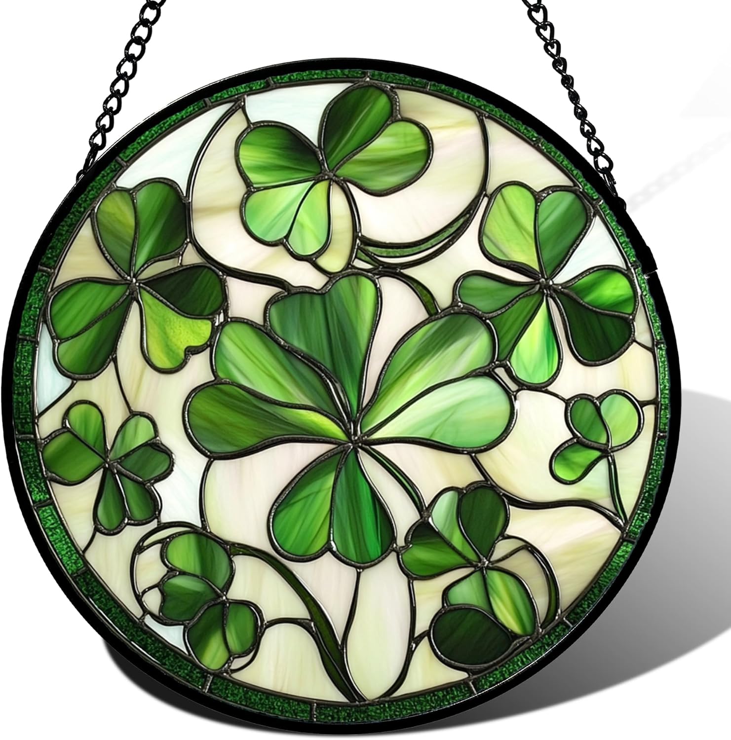 Stained Glass Window Hanging - Green Clover Flowers Suncatcher for Doors Garden St. Patrick's Day Plant Floral Sun Catchers Decor Mother's Day Birthday Gifts for Women Men Mom Nana 7.8 in