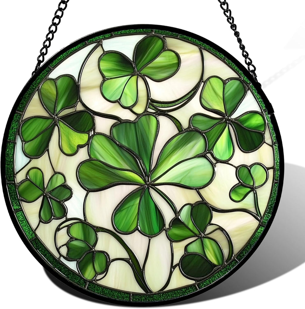 Stained Glass Window Hanging - Green Clover Flowers Suncatcher for Doors Garden St. Patrick's Day Plant Floral Sun Catchers Decor Mother's Day Birthday Gifts for Women Men Mom Nana 9.8 in