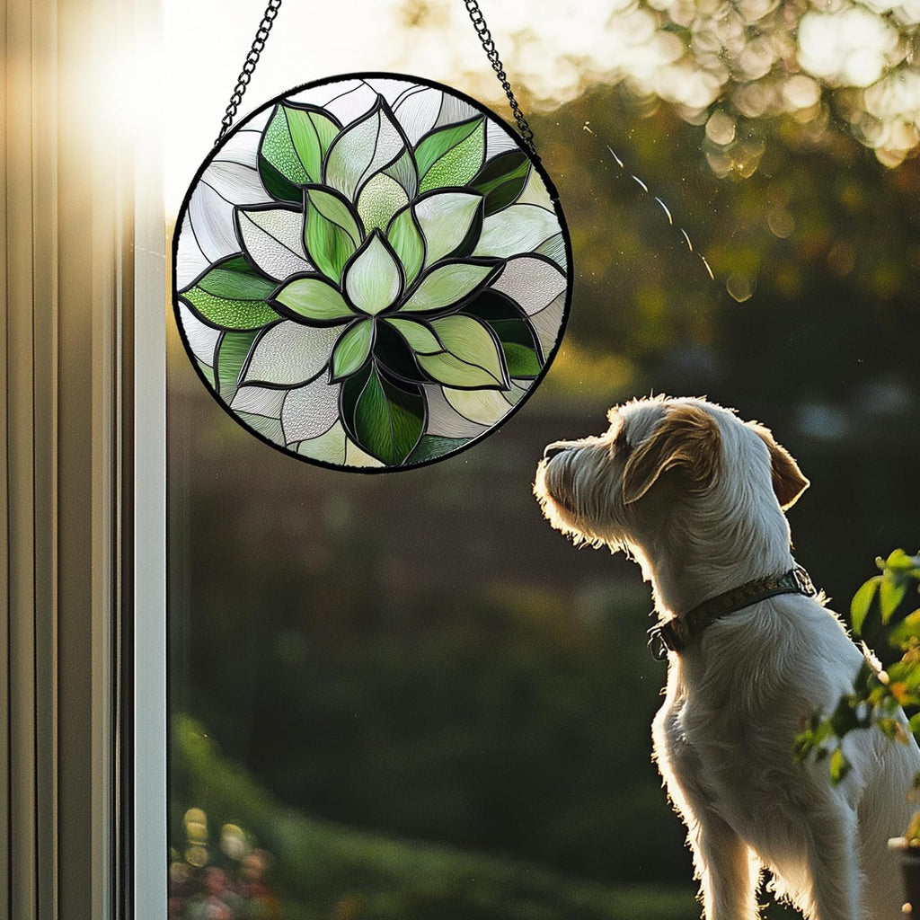 Stained Glass Window Hanging - Green Succulent Plants Suncatcher for Doors Garden Patio Floral Sun Catchers Decor Christmas Mother's Day Birthday Gifts for Women Men Mom Nana Friend 15 in