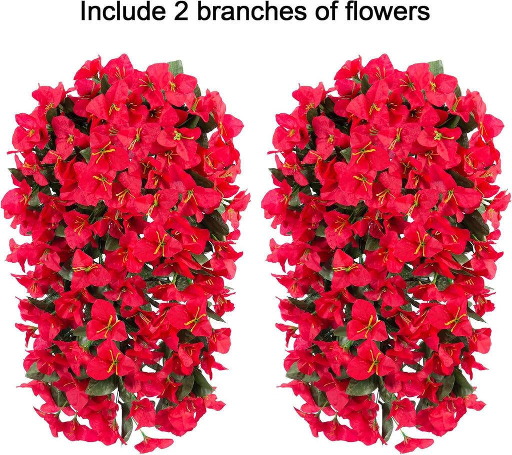 Bougainvillea Artificial Hanging Flowers Plants for Outdoors Decoration, 2pcs Fake Flowers Silk Bougainvillea Vines Realistic UV Resistant Faux Flowers for Outdoor Planters Porch Patio, Red