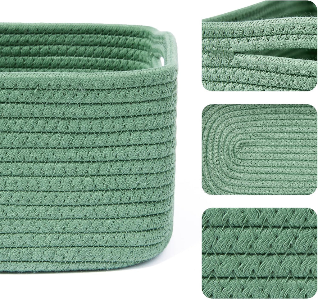 Small Storage Baskets for Organizing | Closet Organizer Bins | Shelf Toy Basket | Woven Rope Baskets | Cube Decorative Box | Shallow Basket | 13x8.5x5.1” | 4 Packs Green