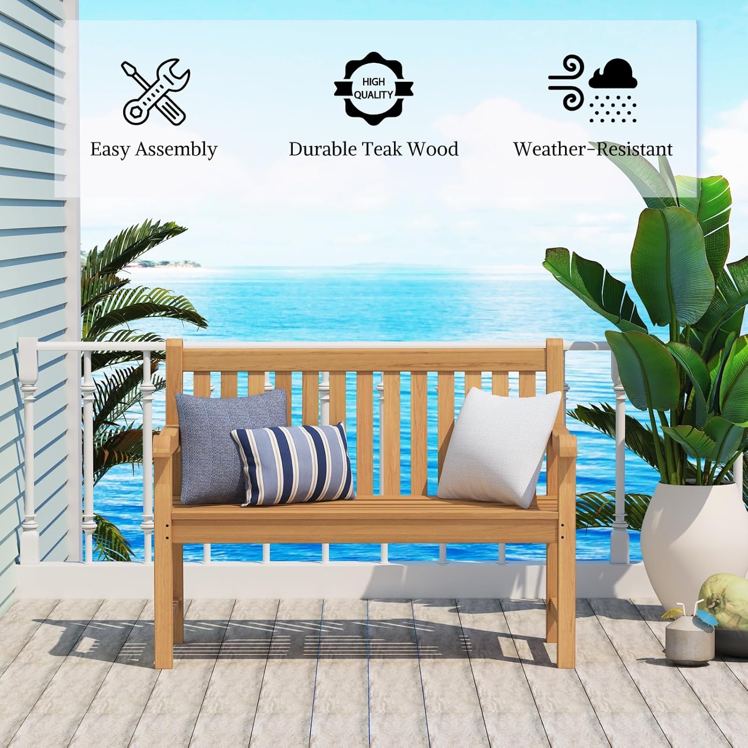Outdoor Teak Bench, Park Bench for 2 People, Ergonomic Patio Seating, Weather-Resistant and Durable Design, Perfect for Yard, Poolside, or Porch