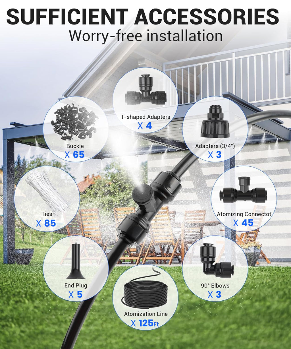 125FT Misters for Outside Patio Misters for Cooling (45 Mist Nozzles) Outdoor Water Patio Hose Greenhouse Mister System Outside Mist Backyard Trampoline for Waterpark Watering Misters for Cooling