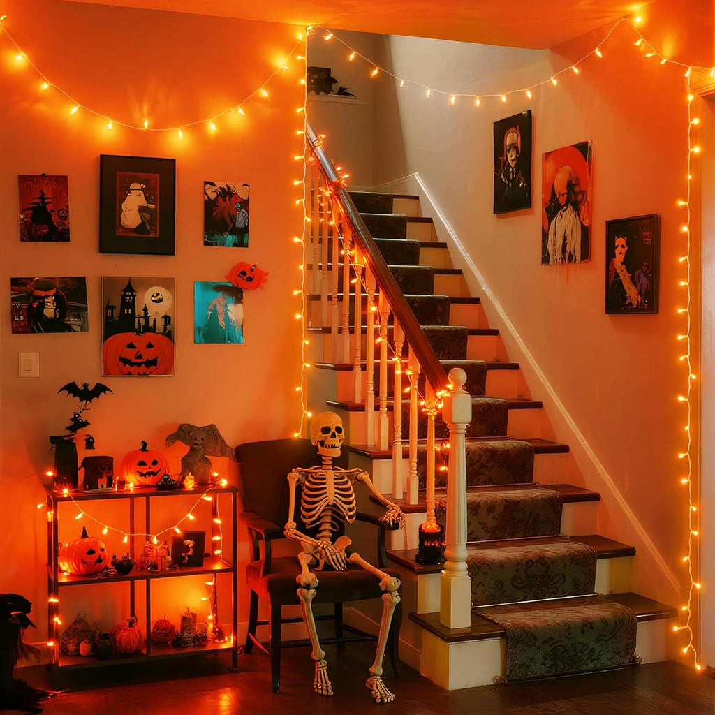 JMEXSUSS Connectable 33ft Halloween Lights Indoor, 100 LED Clear Wire Orange Lights for Halloween, 8 Modes Outdoor Orange Christmas String Light Plug in for Christmas Tree Party Decoration
