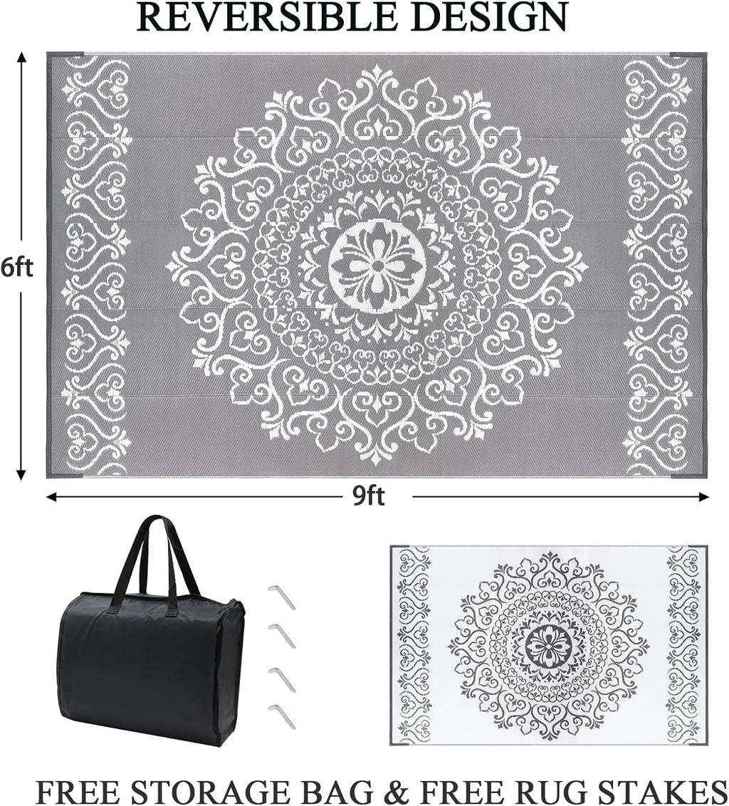 Pauwer Waterproof Outdoor Rug 6x9, Reversible Plastic Straw Patio Camping Rug, Indoor Outdoor RV Mat Carpet for Deck, Camper, Porch, Balcony, Backyard, Picnic, Floral Grey