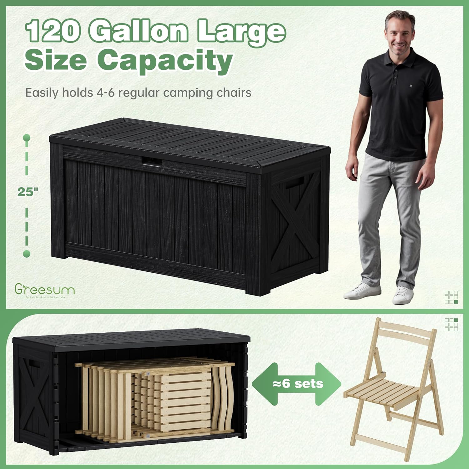 Greesum 120 Gallon Outdoor Storage Box with Lock - Large Resin Deck Box, Reinforced Lid for Garden, Patio, Lawn, Black