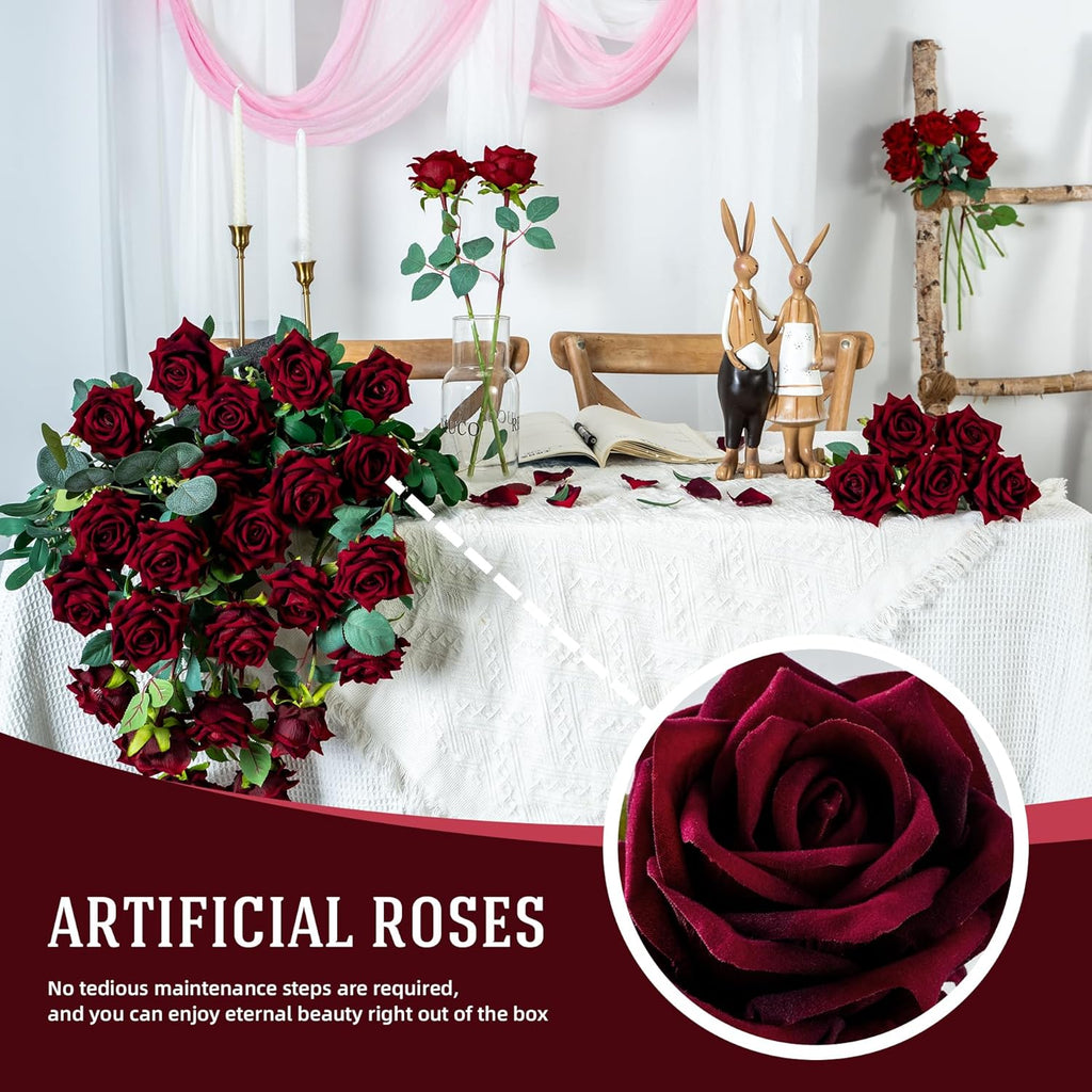 Fake Roses Faux Flowers Silk Roses Artificial Roses with Stems Realistic Artificial Flowers Suitable for Indoor Home Decoration Diy Bouquet Wedding Decor Party Decor 24PCS(Black red,16.5In)