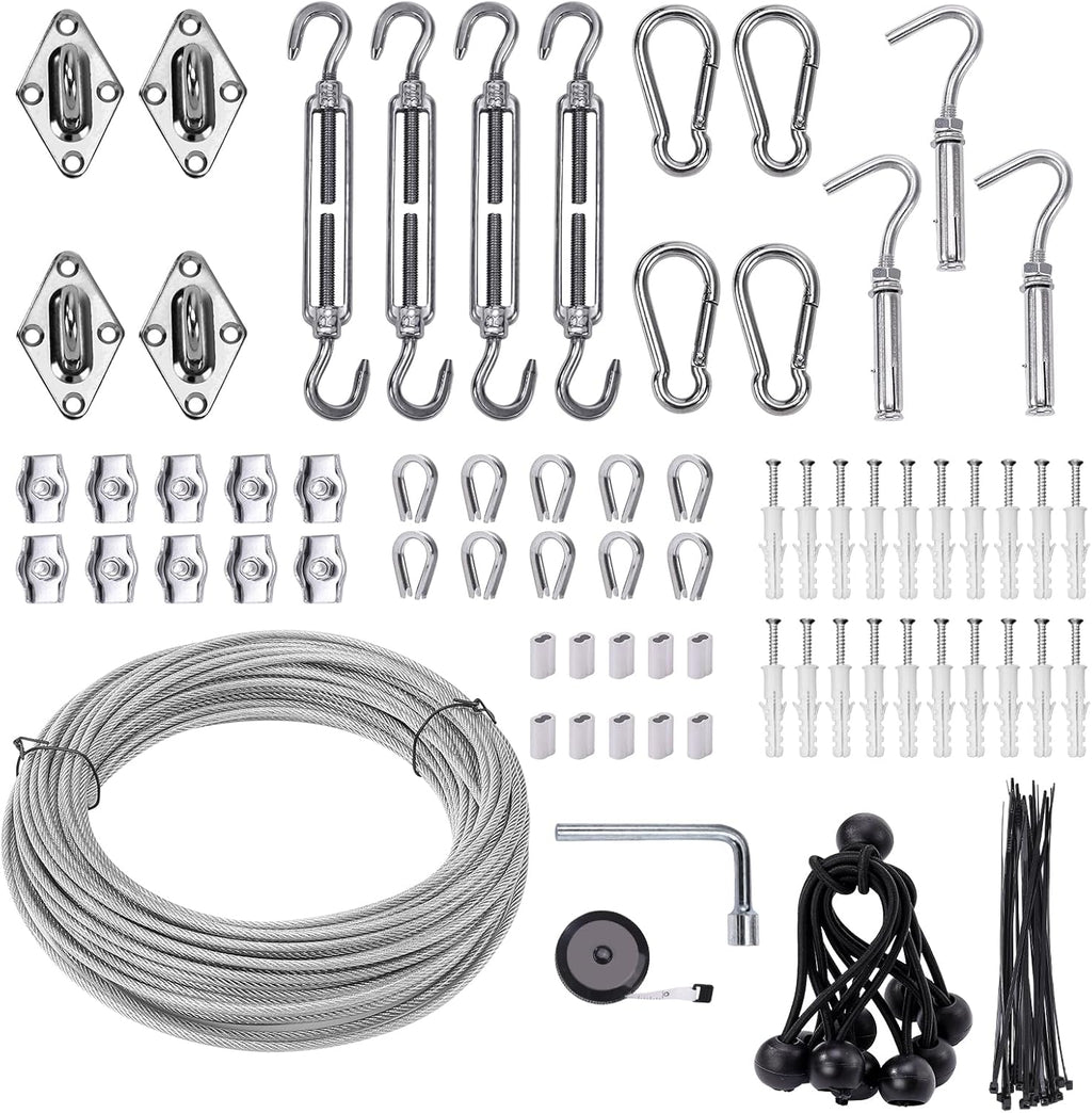 Shade Sail Hardware Kit 6 inch with 65.5FT 1/8" Wire Rope Kit for Triangle Rectangle Sun Shade Sail Outdoor Installation turnbuckles for Cables Wire for Outdoor,Garden,Kitchen,Craft,123PCS