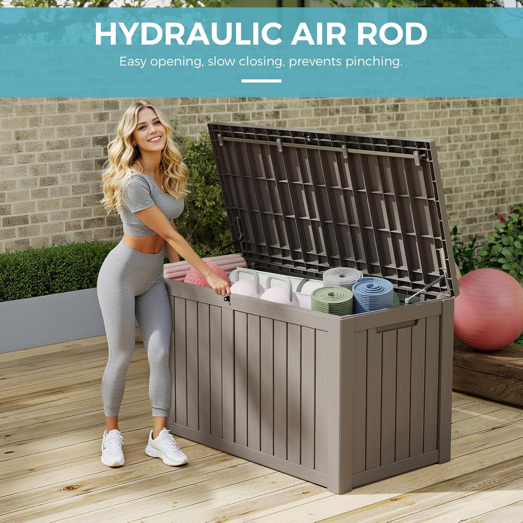 KAMABOKO Outdoor Storage Box, 150 Gallon Large Outdoor Resin Deck Box, Storage Waterproof Boxes Lockable Lid for Garden Tools, Pool Supplies, Patio Furniture and Cushions, Grey