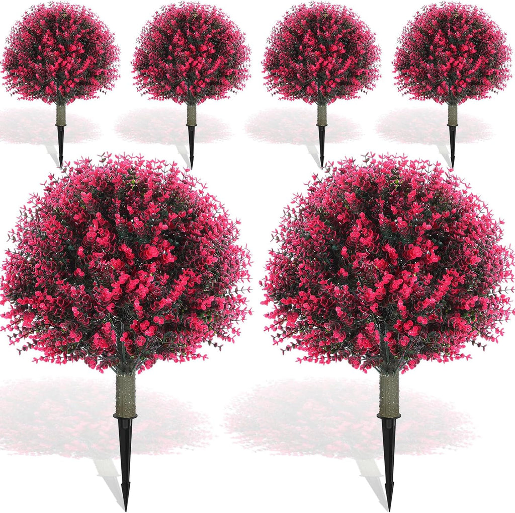 Yunlly 6 Pcs 18 Inch Artificial Boxwood Ball Topiary Tree Fake Outdoor Plants Bush, UV Resistance Faux Shrubs with Spike Realistic Greenery Potted for Indoor Garden Yard Porch Patio Decor (Rose Red)