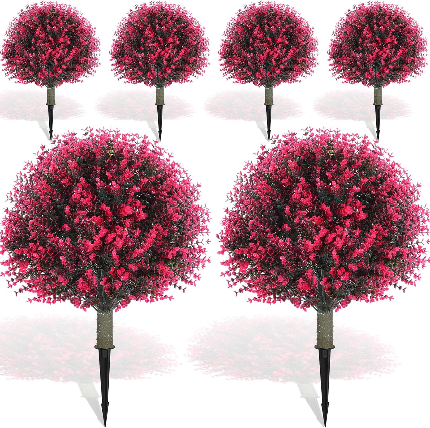 Yunlly 6 Pcs 18 Inch Artificial Boxwood Ball Topiary Tree Fake Outdoor Plants Bush, UV Resistance Faux Shrubs with Spike Realistic Greenery Potted for Indoor Garden Yard Porch Patio Decor (Rose Red)