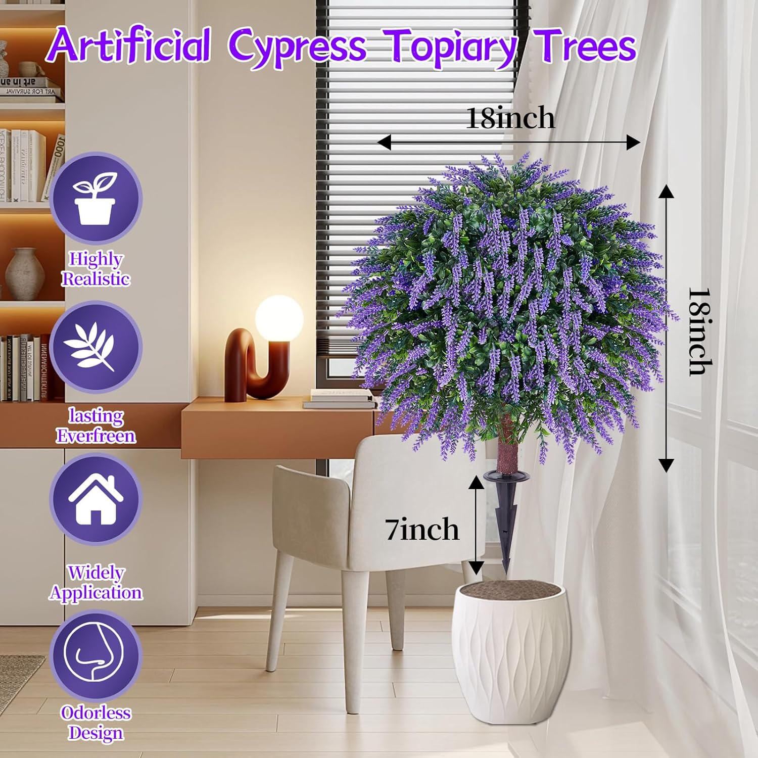 Artificial Lavender Topiany Ball Trees Set of 2,17” Resistant Fake Evergreen Shrubs with Ground SpilRealistic Outdoor Indoor Plants for Garden Porch Maintenance-Free Potted