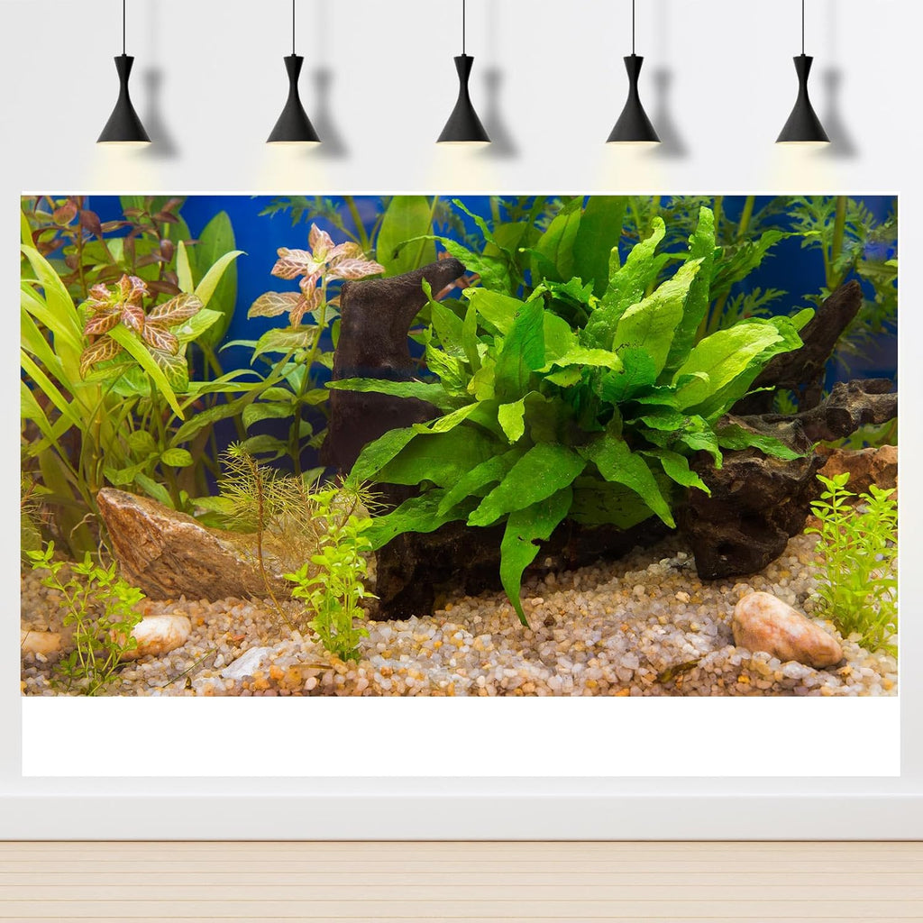 Aquarium Backdrop Underwater Grass Leaves Pebble Aquarium Background Vivid and Fresh Green Aquatic Plant Stone River Bed Fish Dead Wood Leaves Tank Background Decors Vinyl 24x16in