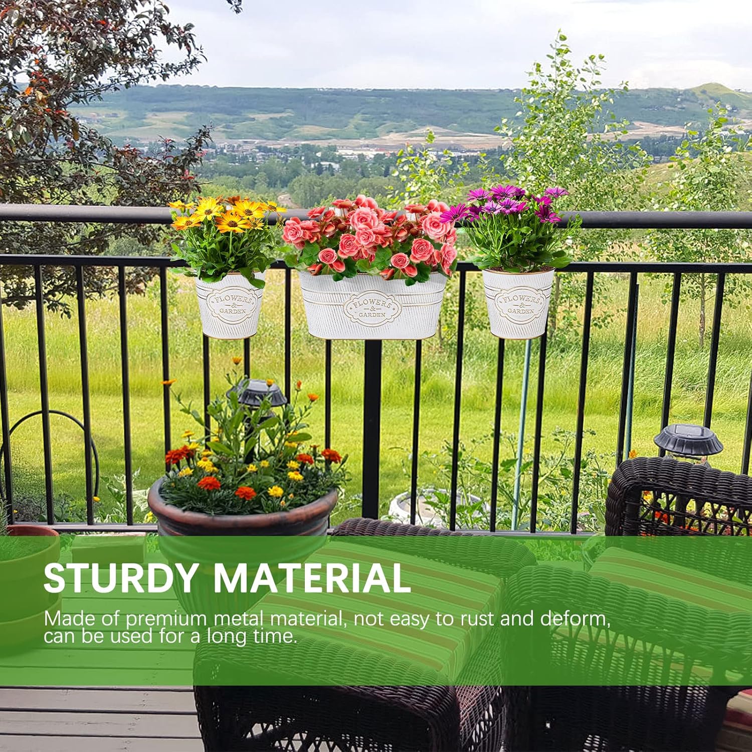 PerGar Vintage Metal Iron Wall Hanging Flower Pots, Rustic Planter Bucket Herb Flower Plant Holder with Detachable Hooks & Drainage Hole for Railing Fence Balcony Deck Garden Home Decoration, Set of 3