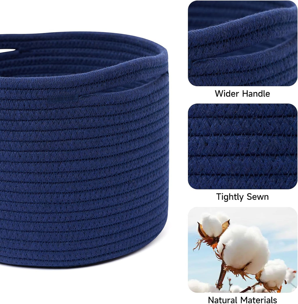 Small Basket for Organizing | Cube Shelf Closet Storage Baskets | 9.7×9.7×7.1” | Woven Rope Gift Basket | Nursery | Round 3 Packs Navy Blue