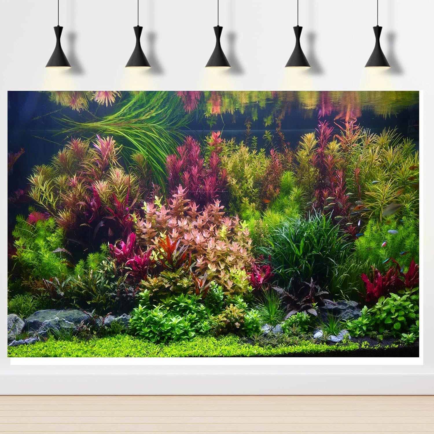 Aquarium Background Various Vivid Fresh Underwater Aquatic Plant Fish Tank Aquarium Backdrop Stone River Bed and Lake Fish Terrarium Background Decor Vinyl 48x24in