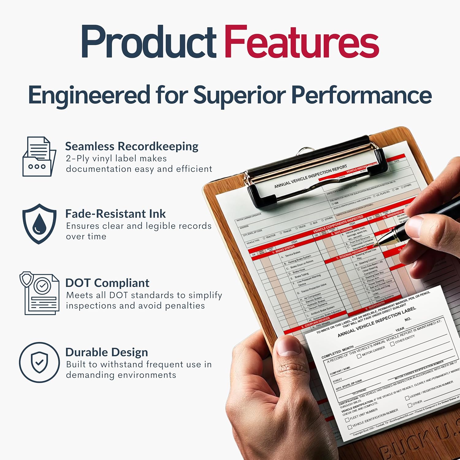 10 Pack Buck Annual Vehicle Inspection Label, 2-Ply Adhesive Vinyl with Mylar Laminate, FMCSA & DOT Compliant, Weatherproof, Tear Resistant, Easy to Write On, 5" x 4" - Made in USA