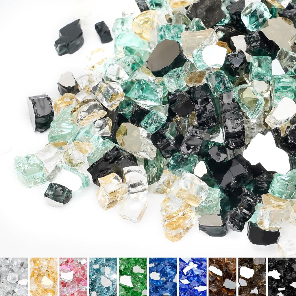 Mr. Fireglass 10 Pounds Blended Fire Glass - 1/4 Inch Mixed Colored High Luster Reflective Tempered Fireglass Rocks for Fireplace Fire Pit Table and Landscaping, Light Green+Onyx Black+Platinum