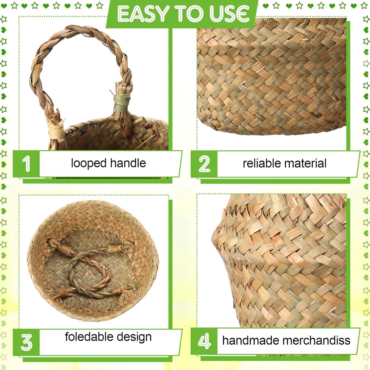 Qunclay 4 Pcs Woven Seagrass Baskets Belly Basket Folding Boho Natural Plant Pot with Handles Round Decorative Wicker Large Indoor Planter for Home Outdoor Tree Planters Decor (6.3 x 5.9 Inch)