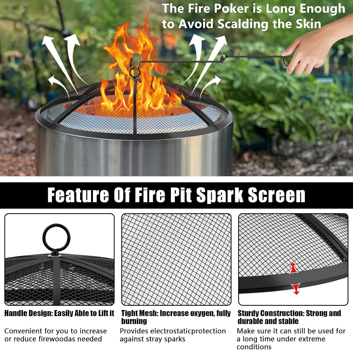 Fire Pit Spark Screen, Fire Pit Screen 24 Inch Round with Handle & Poker, Collapsible Heavy Duty Mesh Fire Pit Cover Fire Pit Lid for Outdoor/Patio/Backyard/RV Camping/Beach