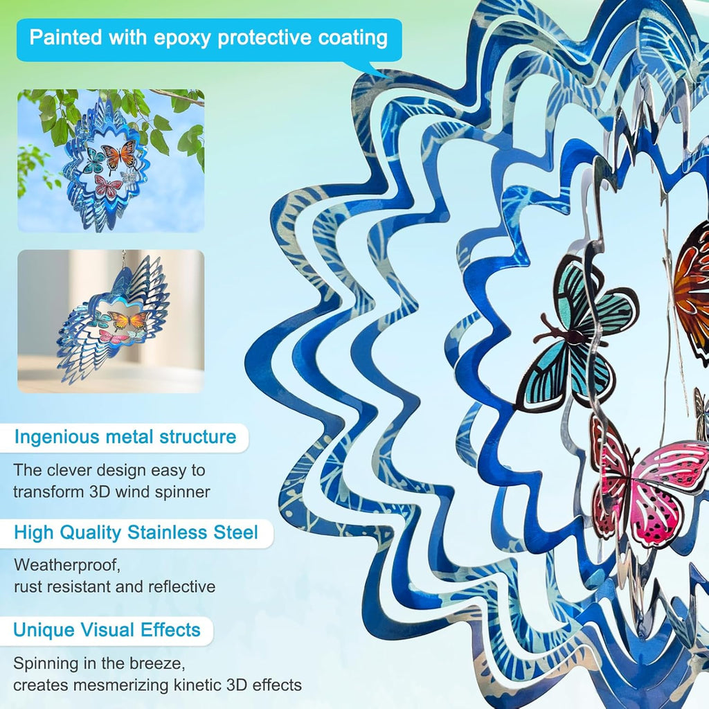 Goolyrusim Wind Spinner Outdoor, Butterfly Wind Spinner, 12in Laser Cut Stainless Steel Hanging Wind Sculptures, Garden Decoration Yard Decor, Butterfly Gifts for Women Mom Wife Girl Sister Grandma