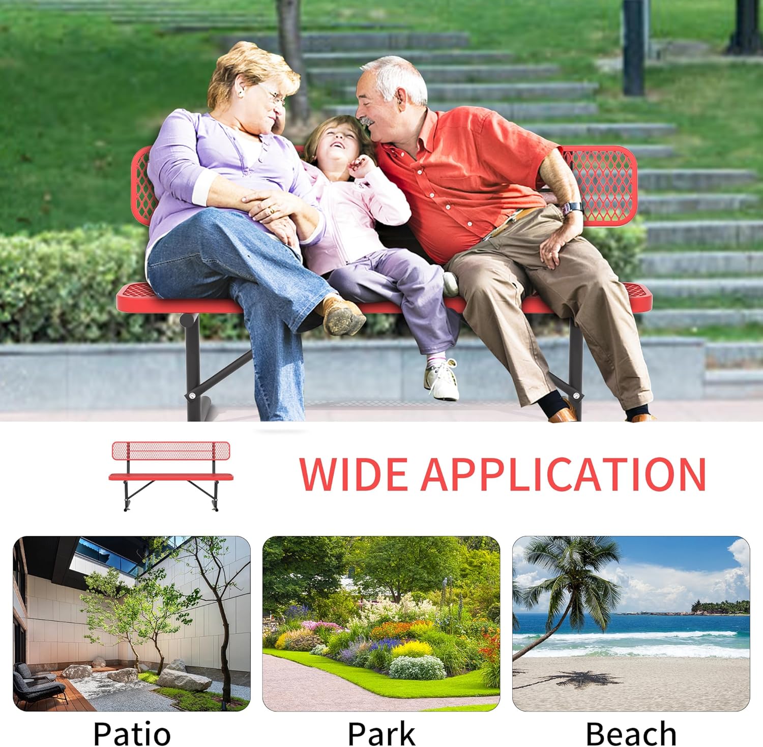 6 Feet Heavy Duty Metal Park Bench for Outside, Outdoor Bench with Backrest & Portable Frame, Commercial Benches for Shopping Malls, Stores, Parks, Patios, Decks, Red