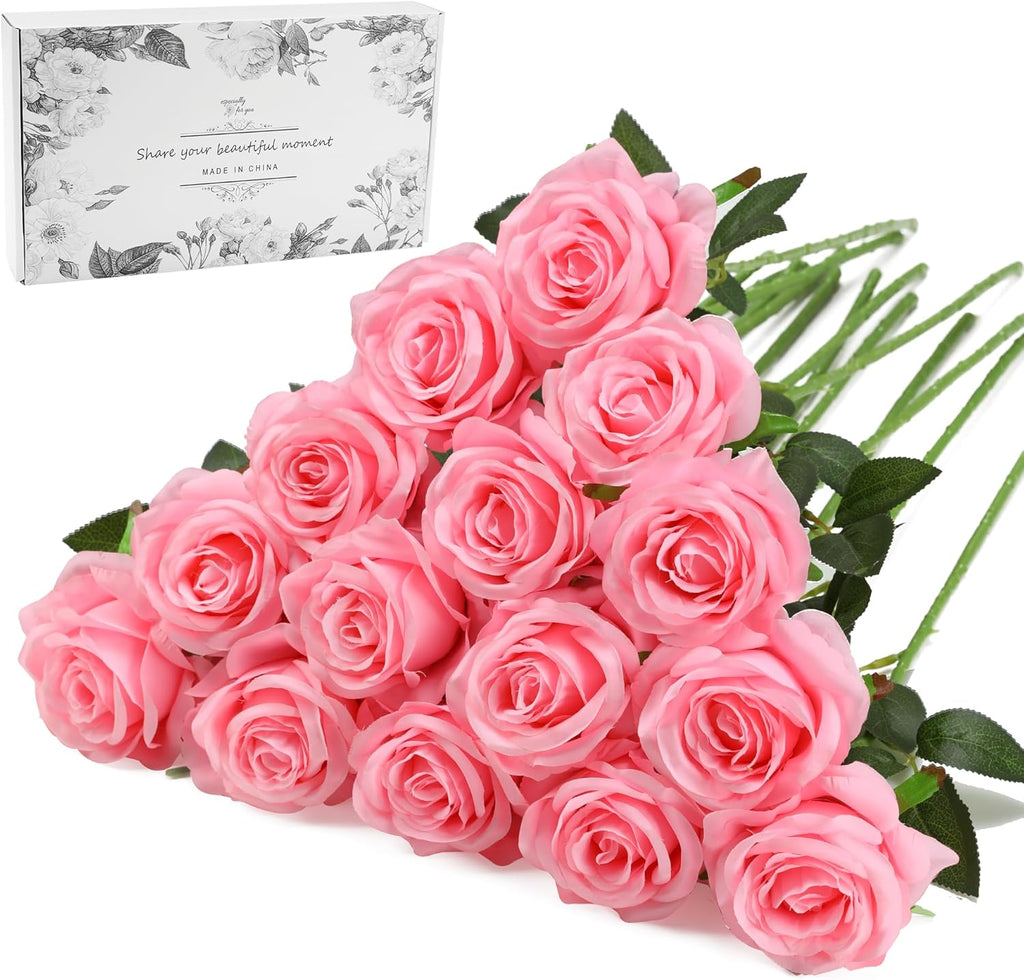 Pink Fake Roses Artificial Flowers - 16 Pcs Fake Artificial Roses Silk Flowers with Stems for Home Wedding Hotel Office Centerpiece Decor