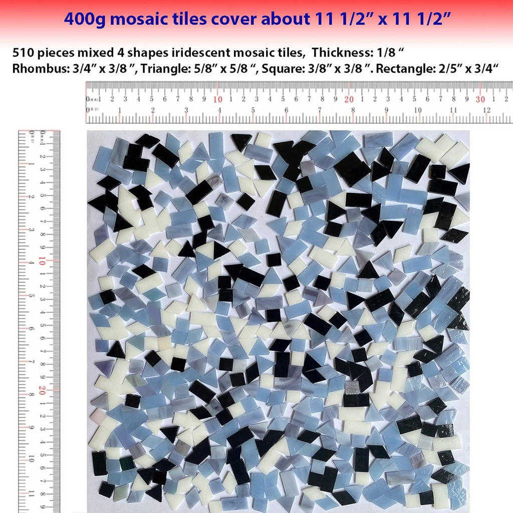 510 Pieces Stained Glass Mosaic Tiles for Crafts Bulk, Mixed 4 Shapes Iridescent Black White Gray Colors Mosaic Kit for Adults Kids, KALUCION Stained Glass Supplies for Mosaics