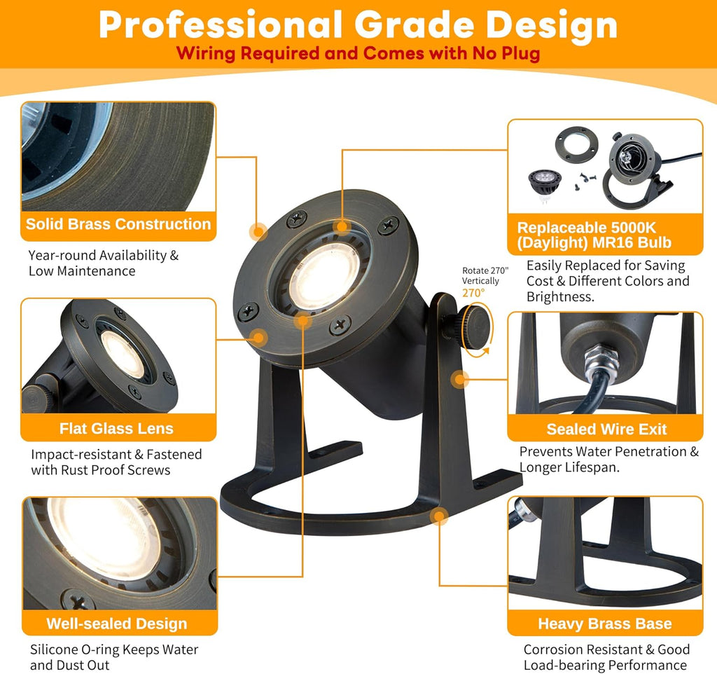 Solid Brass Underwater Pond Light - 12V Low Voltage IP68 Submersible Bronze Fixture, with 5000K MR16 LED for Outdoor Pond Fountain Waterfall Landscape Lighting(12 Pack)