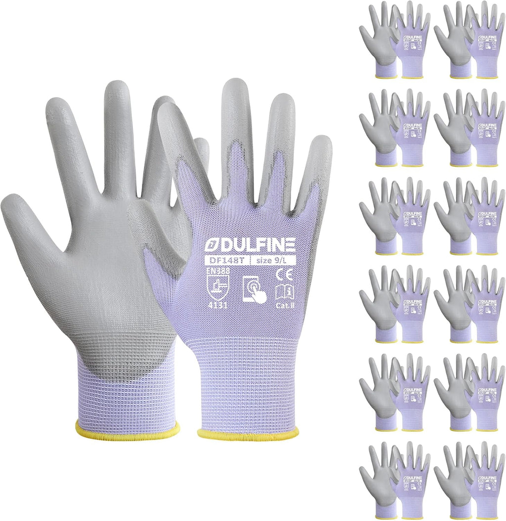 DULFINE Work Gloves for Men PU Coated 12 Pairs Bulk Pack,Purple Seamless Knit Glove with thin Polyurethane,Two Finger Touchscreen, for Men and Women, Ideal for Light Duty Work. (Medium)